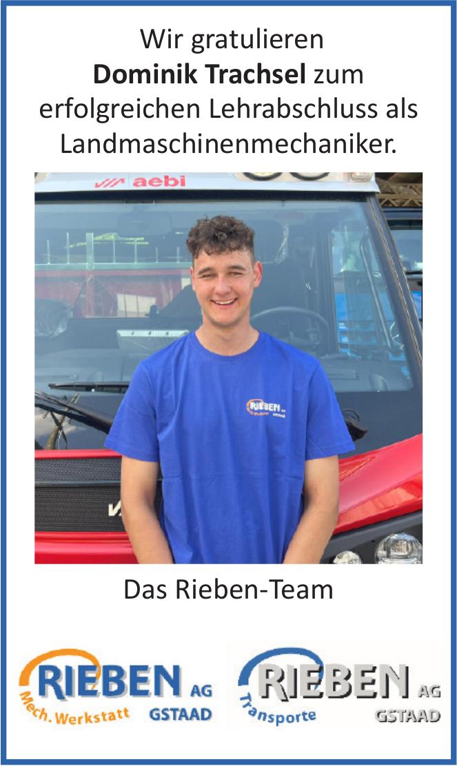 Rieben AG Gstaad, Wir gratulieren Dominik Trachsel zum erfolgreichen Lehrabschluss als Landmaschinenmechaniker.