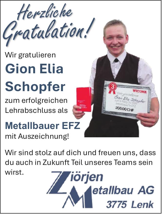 Ziörjen Metallbau AG, Lenk - Wir gratulieren Gion Elia Schopfer zum erfolgreichen Lehrabschluss