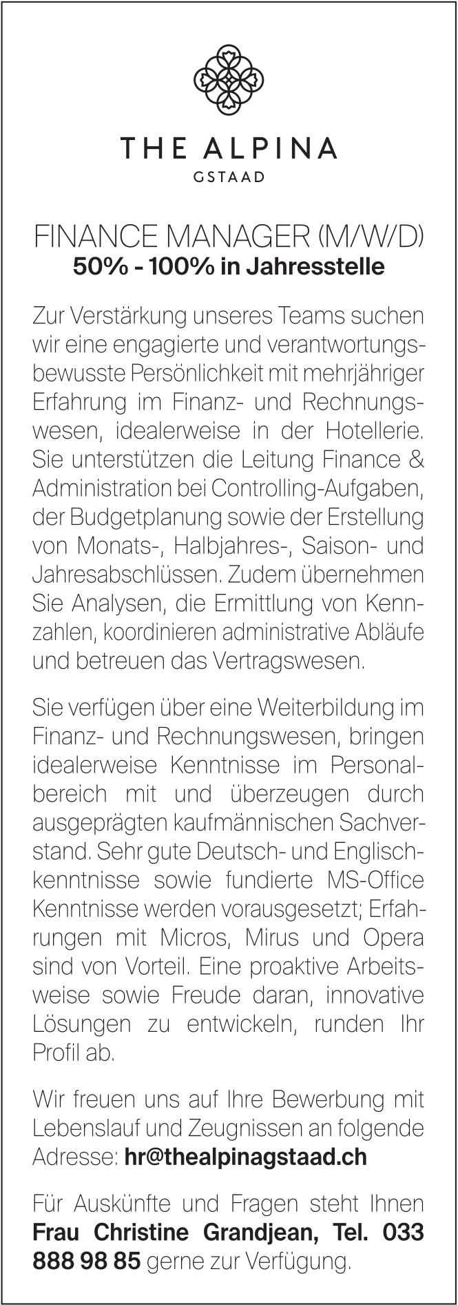 Finance Manager (v/W/D) 50%-100% in Jahresstelle, The Alpina, Gstaad, gesucht