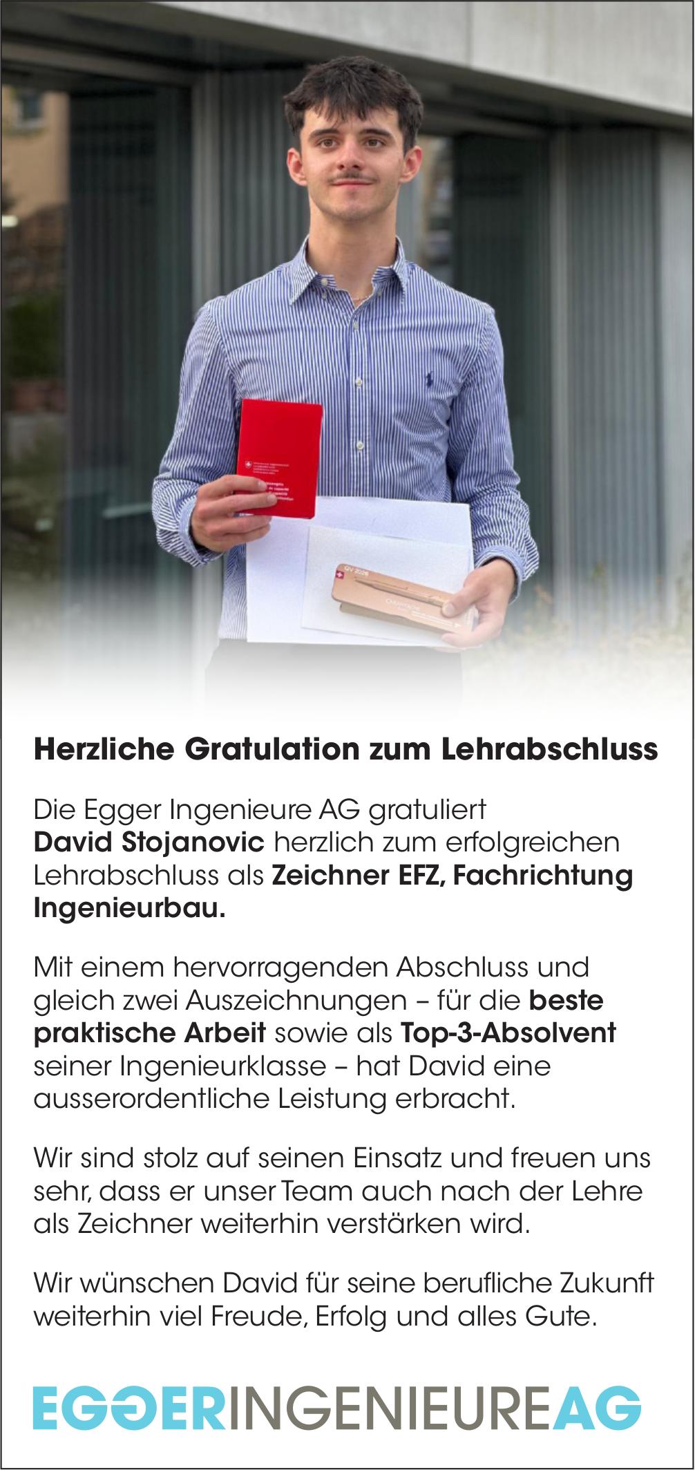 EGGER INGENIEURE AG, Herzliche Gratulation zum Lehrabschluss