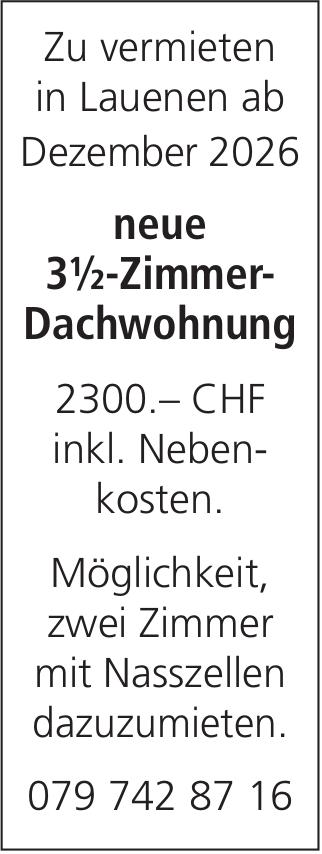 Neue 3½-Zimmer-Dachwohnung, Lauenen, zu vermieten