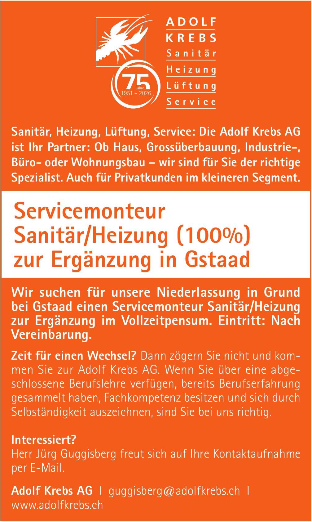Servicemonteur Sanitär/Heizung (100%), Adolf Krebs AG, Gesucht