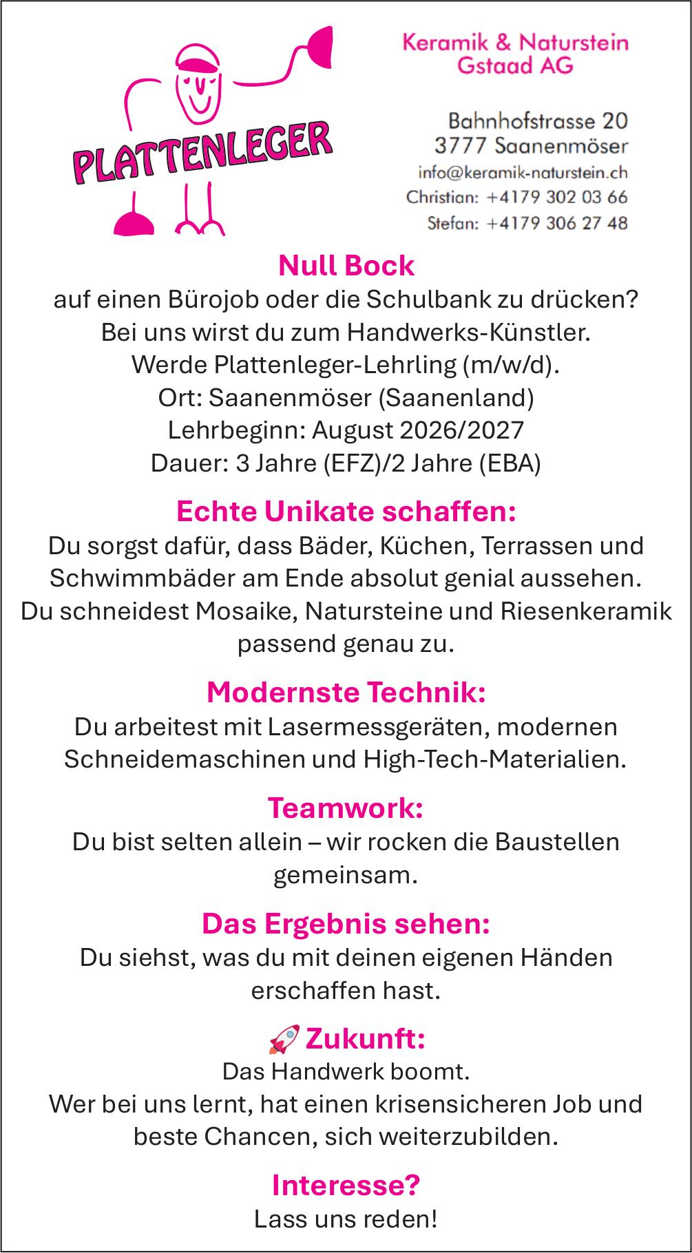 Plattenleger, Keramik & Naturstein Gstaad AG, Saanenmöser, gesucht