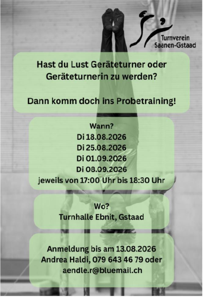 Probetraining, 18. August - 8. September, Turnhalle Ebnit, Gstaad