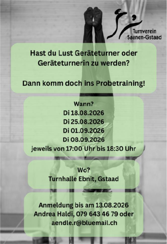 Probetraining Geräteturnen, 18. August - 8. September, Turnhalle Ebnit, Gstaad