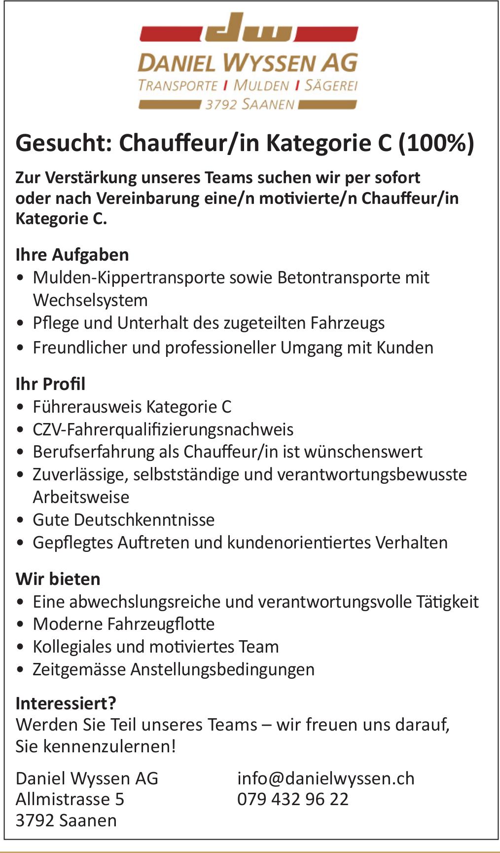 Chauffeur/in Kategorie C (100%), Daniel Wyssen AG, Saanen, Gesucht
