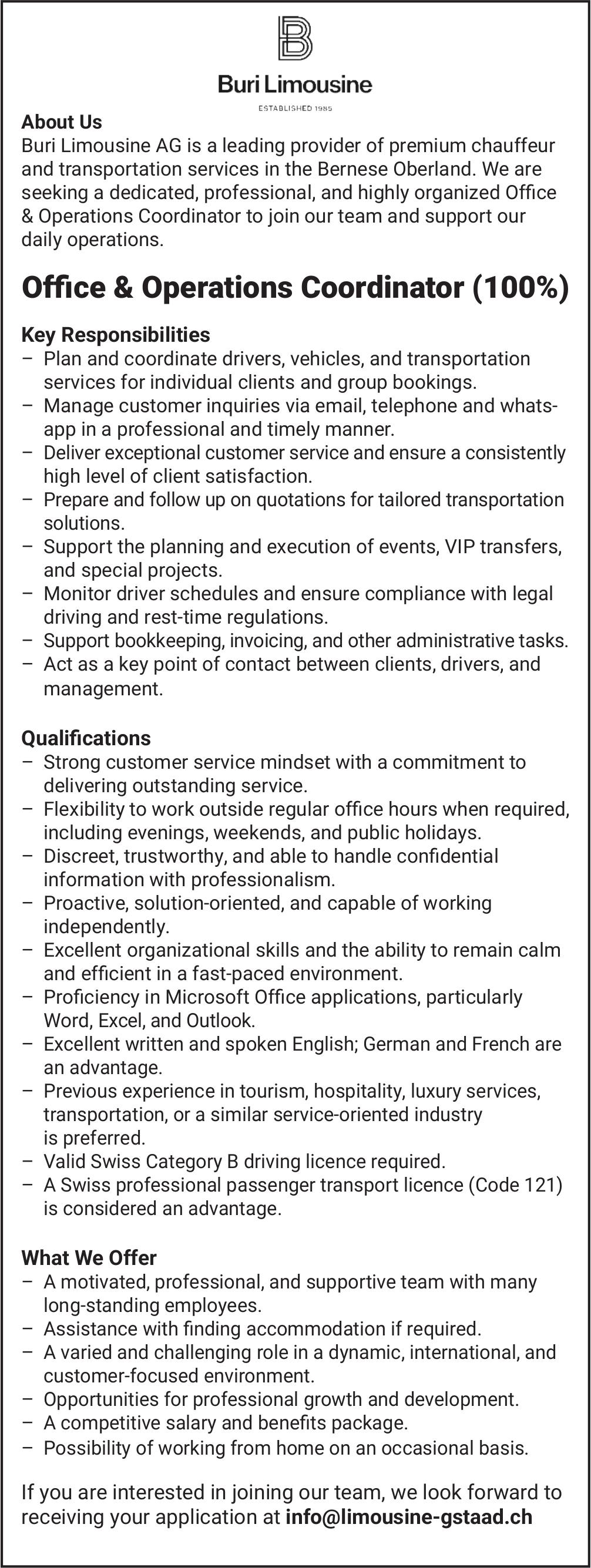 Office & Operations Coordinator (100%), Buri Limousine AG, gesucht