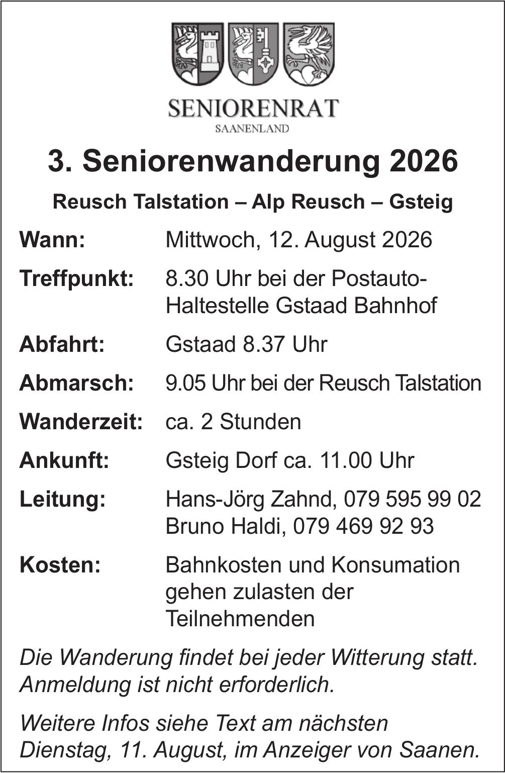 3. Seniorenwanderung 2026, 12. August