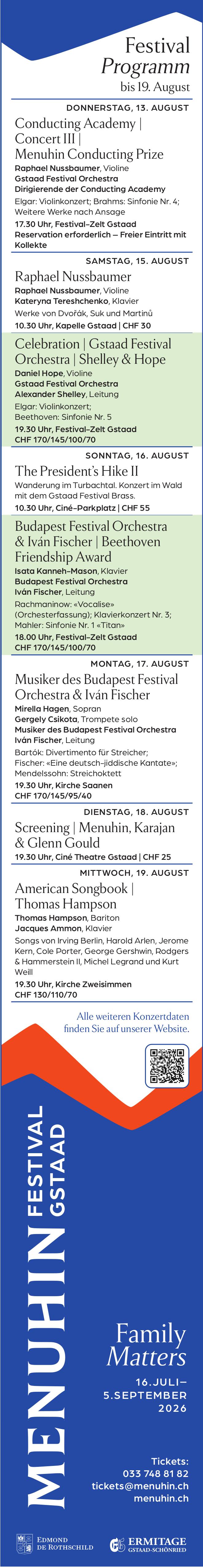 Menuhin Festival Gstaad - Festival Programm, 13. - 19. August, Festival-Zelt Gstaad