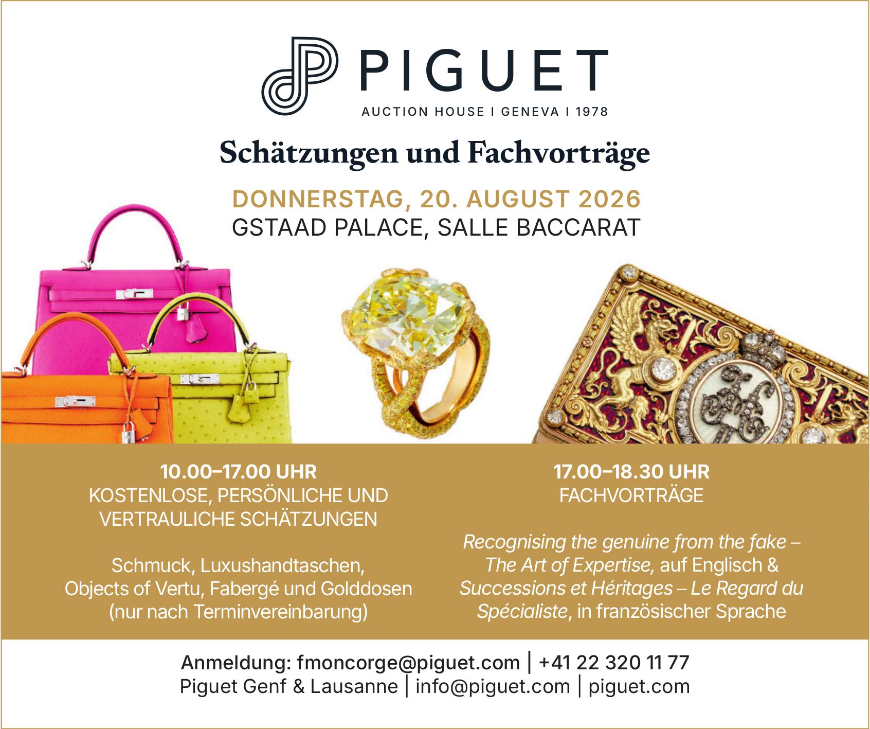 Schätzungen und Fachvorträge, 20. August, Gstaad Palace, Salle Baccarat