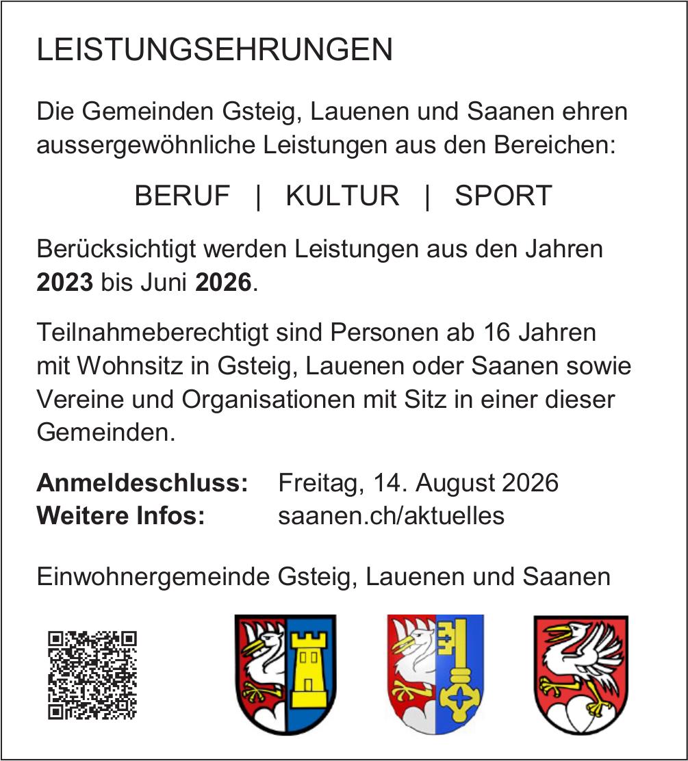 Gemeinde, Einwohnergemeinde Gsteig, Lauenen und Saanen, LEISTUNGSEHRUNGEN