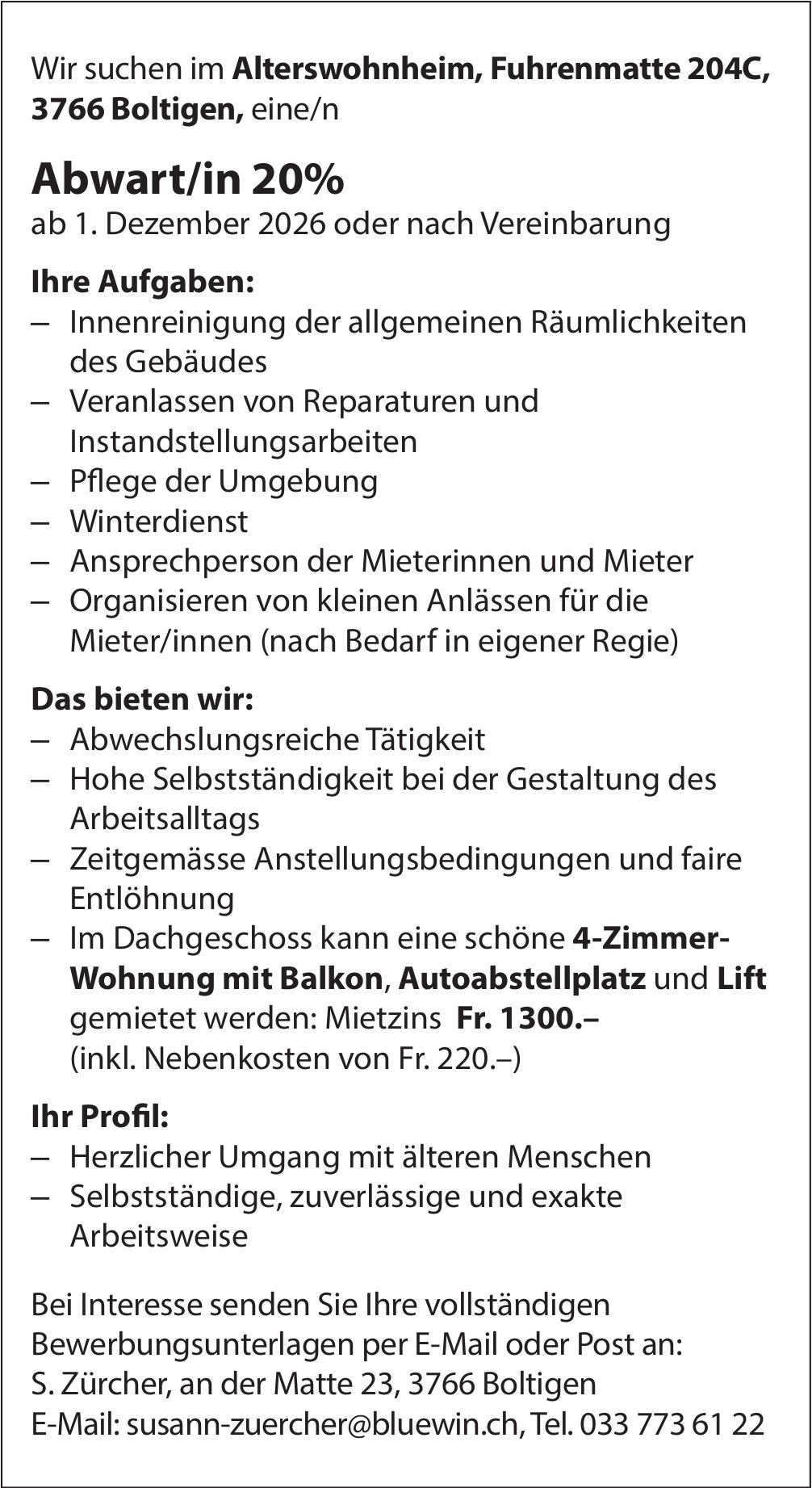 Abwart/in 20%, Alterswohnheim Fuhrenmatte, Boltigen, gesucht