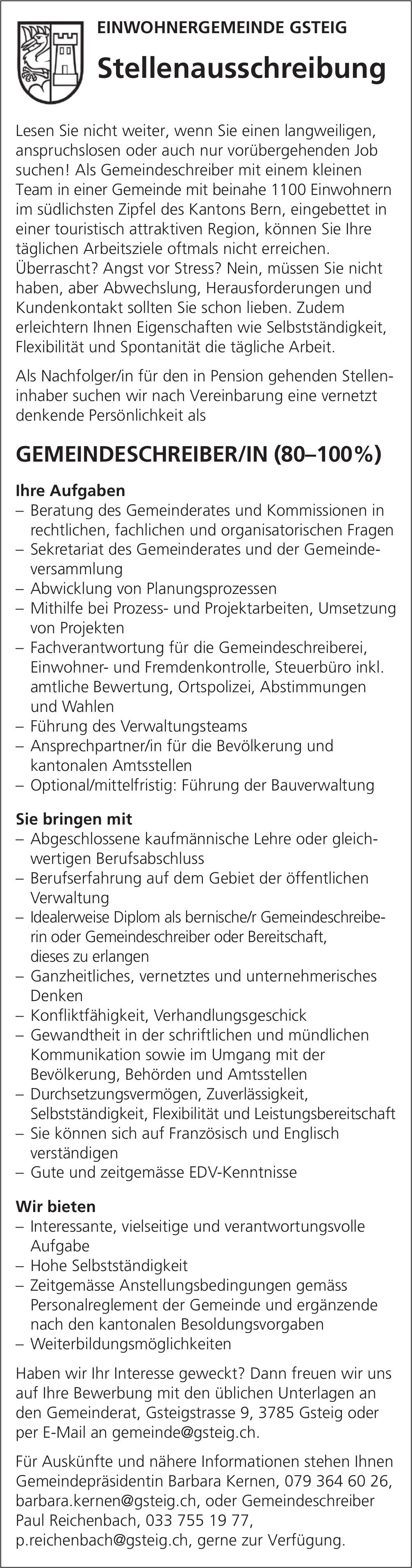 Gemeindeschreiber/In (80–100%), Gsteig, gesucht