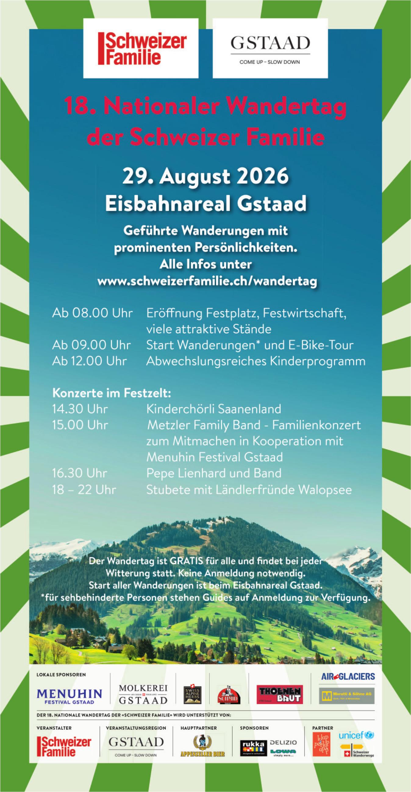 18. Nationaler Wandertag der Schweizer Familie, 29. August, Gstaad