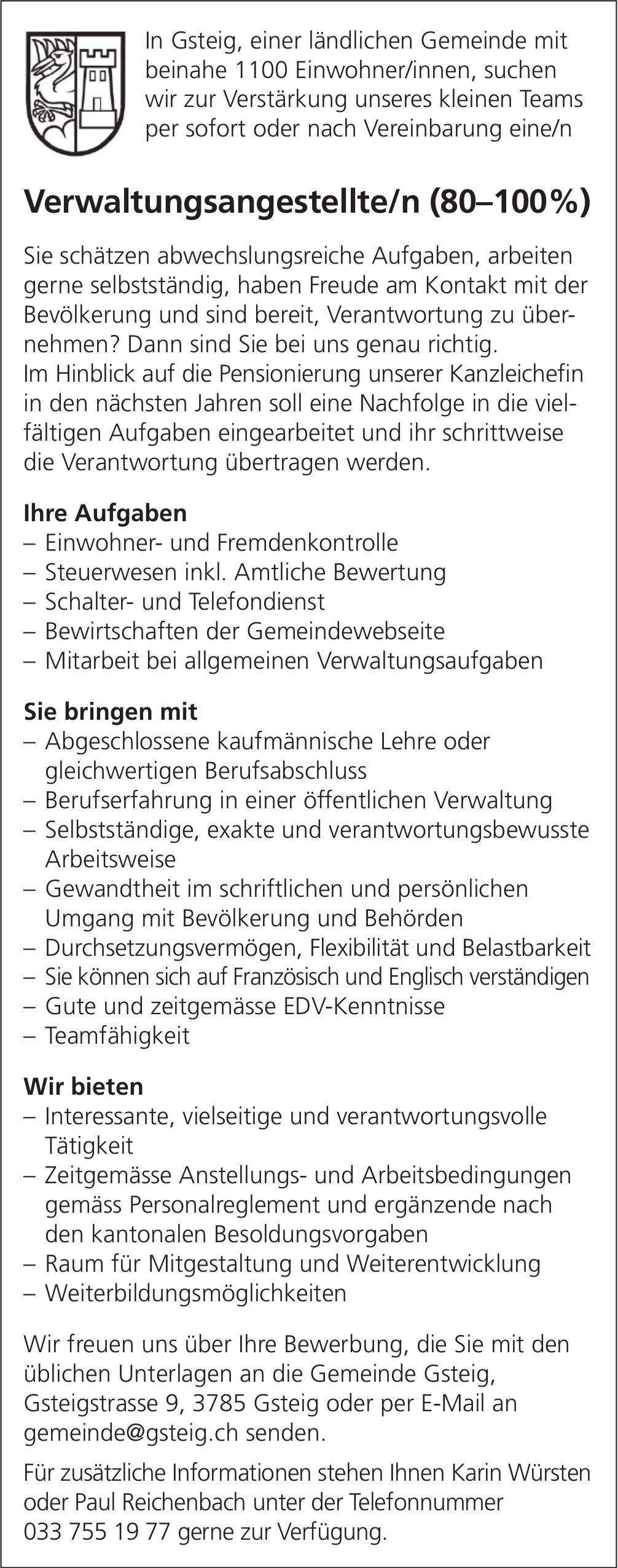 Verwaltungsangestellte/n (80–100%), Gsteig, gesucht