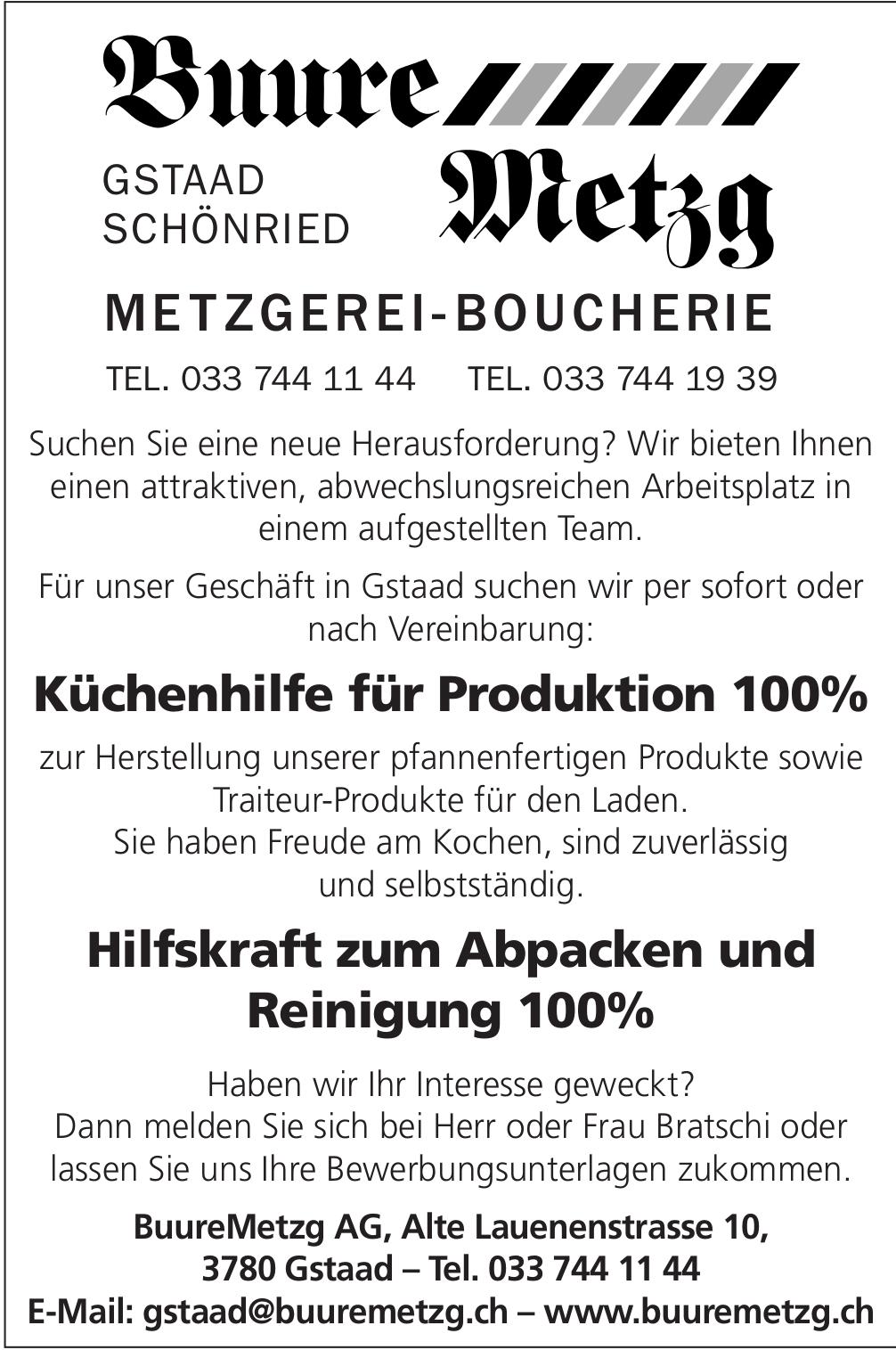 Küchenhilfe für Produktion 100%, BuureMetzg AG, Gstaad, Gesucht