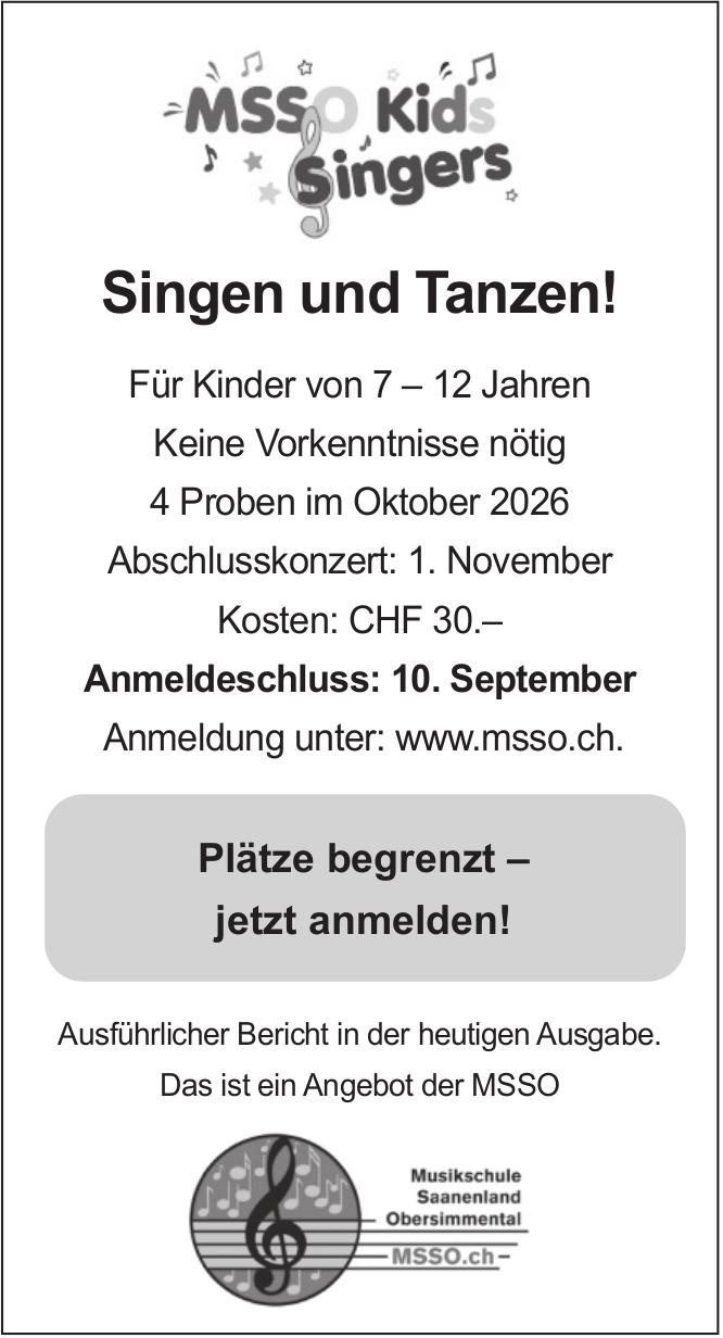 Singen und Tanzen! Für Kinder von 7 - 12 Jahren, Abschlusskonzert, 1. November, Musikschule Saanenland Obersimmental