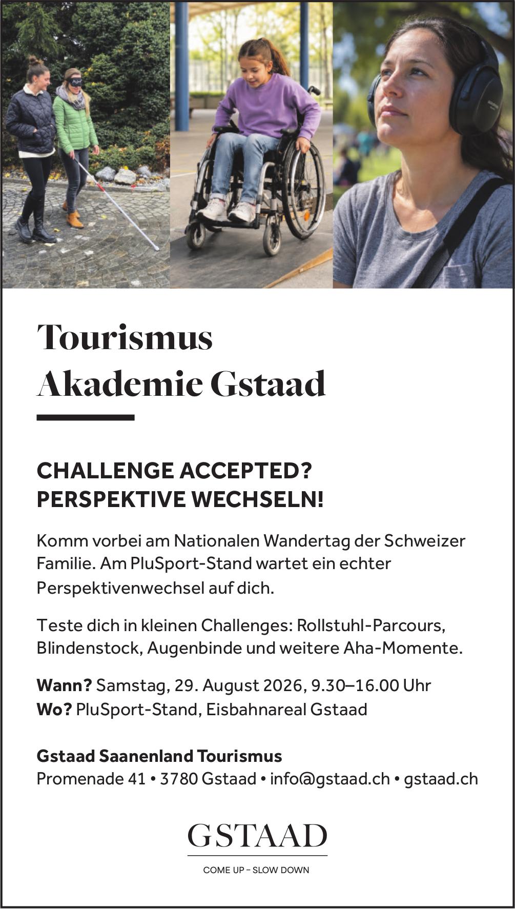 Komm vorbei am Nationalen Wandertag der Schweizer Familie, 29. August, PluSport-Stand, Eisbahnareal Gstaad