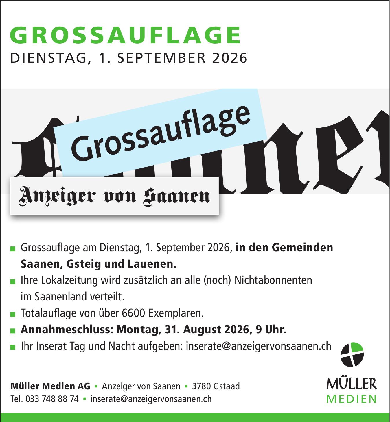 Müller Medien AG, Gstaad - Grossauflage am Dienstag, 1. September 2026