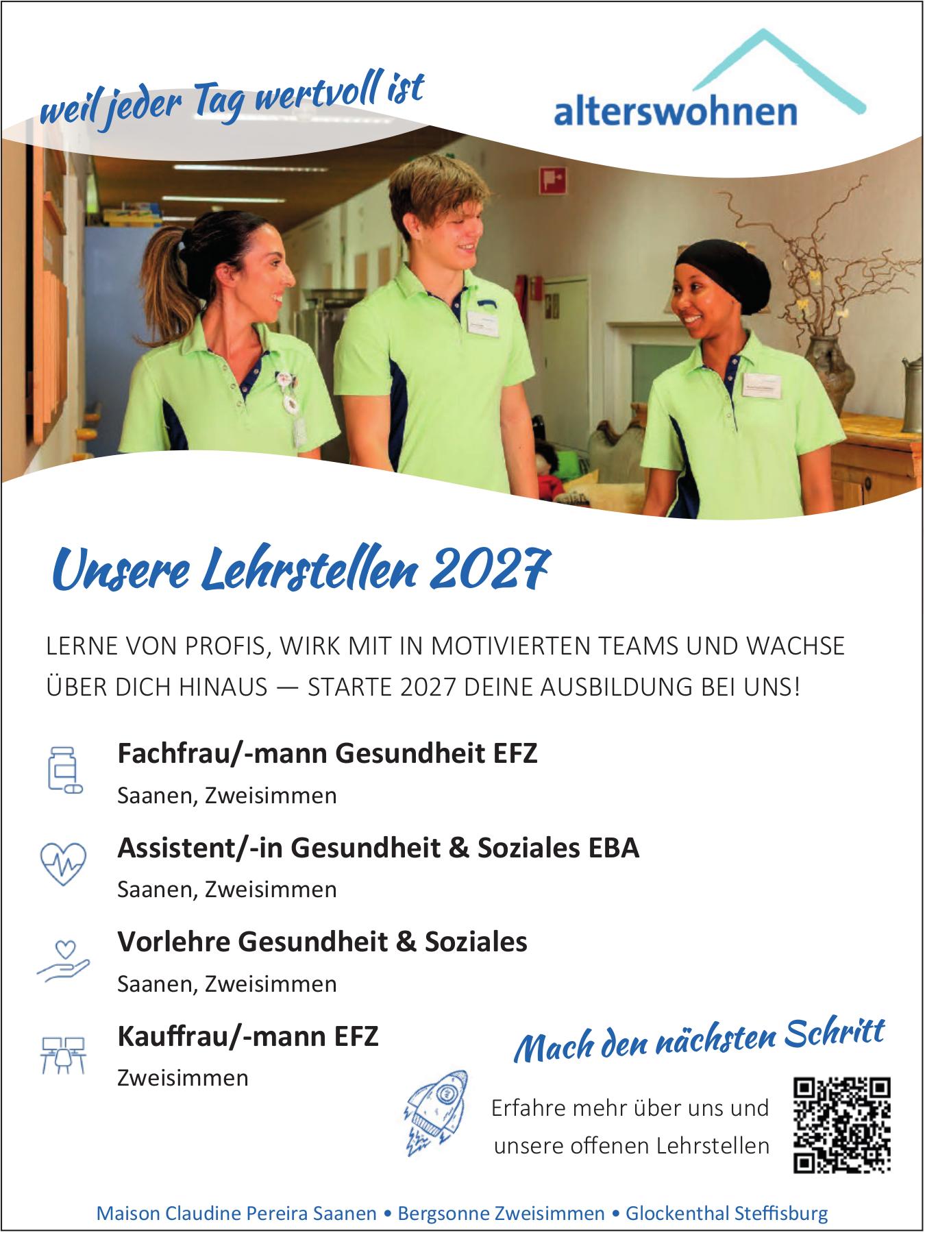 Unsere Lehrstellen 2027, alterswohnen, Zweisimmen, gesucht