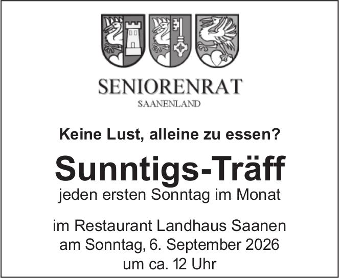 Sunntigs-Träff, 6. September, Restaurant Landhaus Saanen