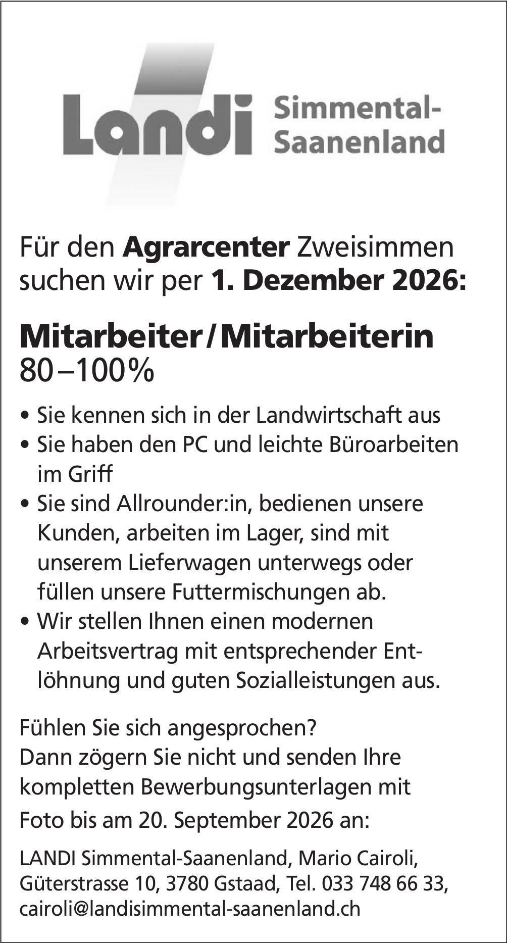 Mitarbeiter/Mitarbeiterin 80–100%, Landi Simmental-Saanenland, Gstaad, Gesucht