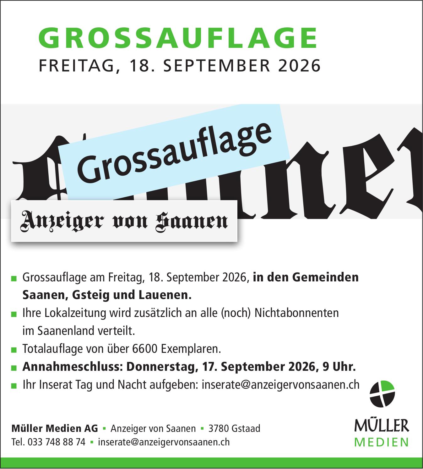 Müller Medien AG, Gstaad - Grossauflage am Freitag, 18. September 2026