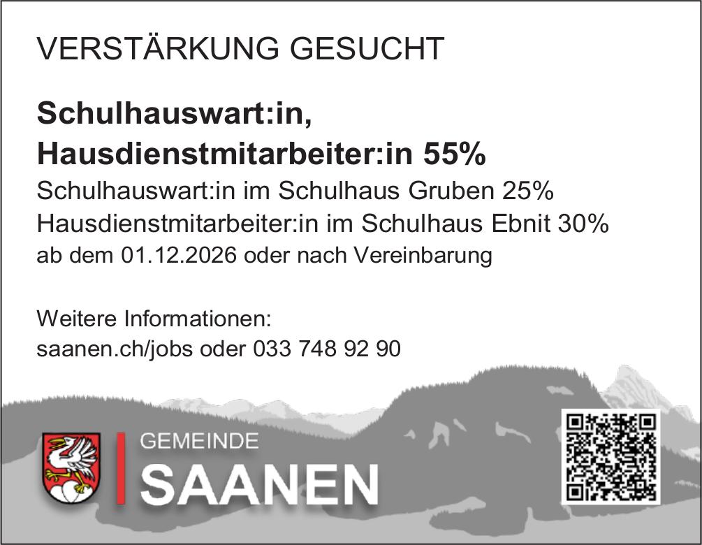 Schulhauswart:in, Hausdienstmitarbeiter:in 55%, GEMEINDE SAANEN, Gesucht