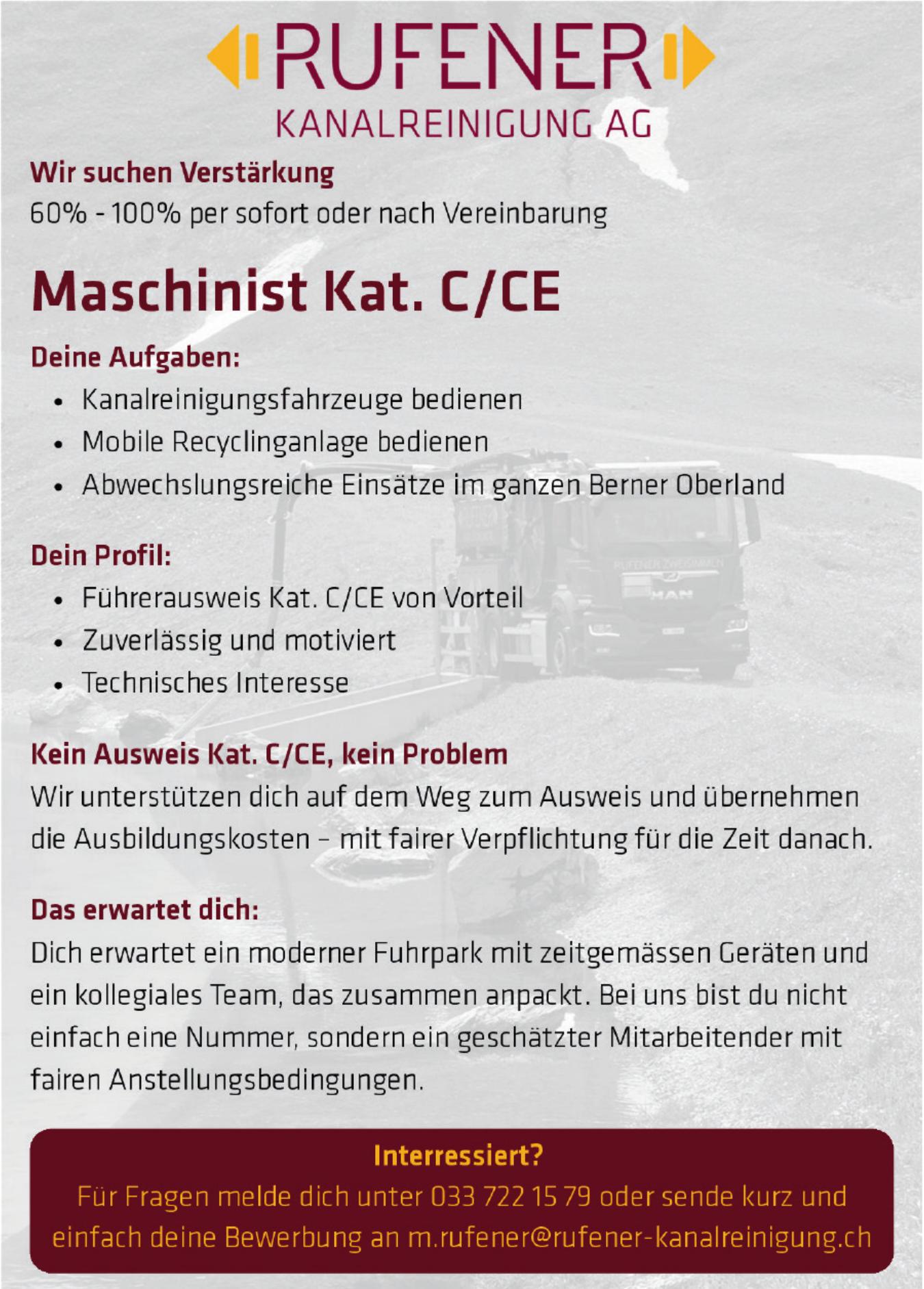 Maschinist Kat. C/CE, RUFENER Kanalreinigung AG, Gesucht