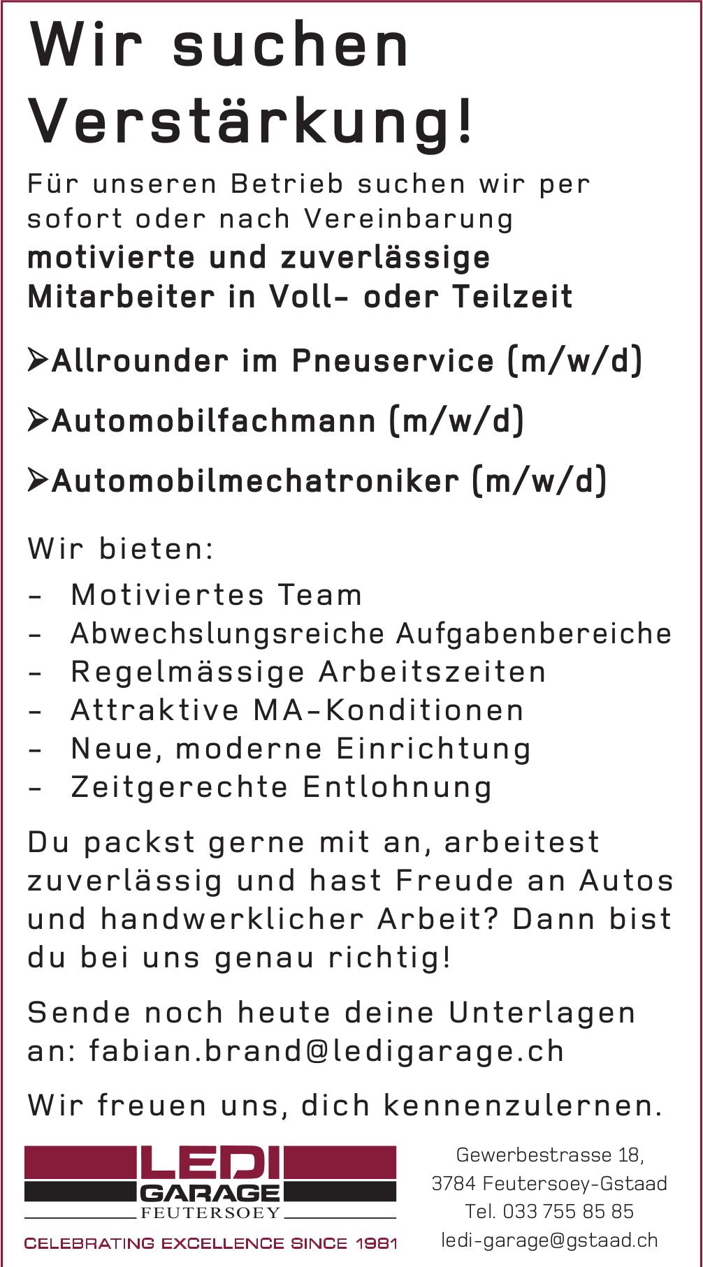 Allrounder im Pneuservice (m/w/d), LEDI GARAGE FEUTERSOEY, Feutersoey-Gstaad, Gesucht