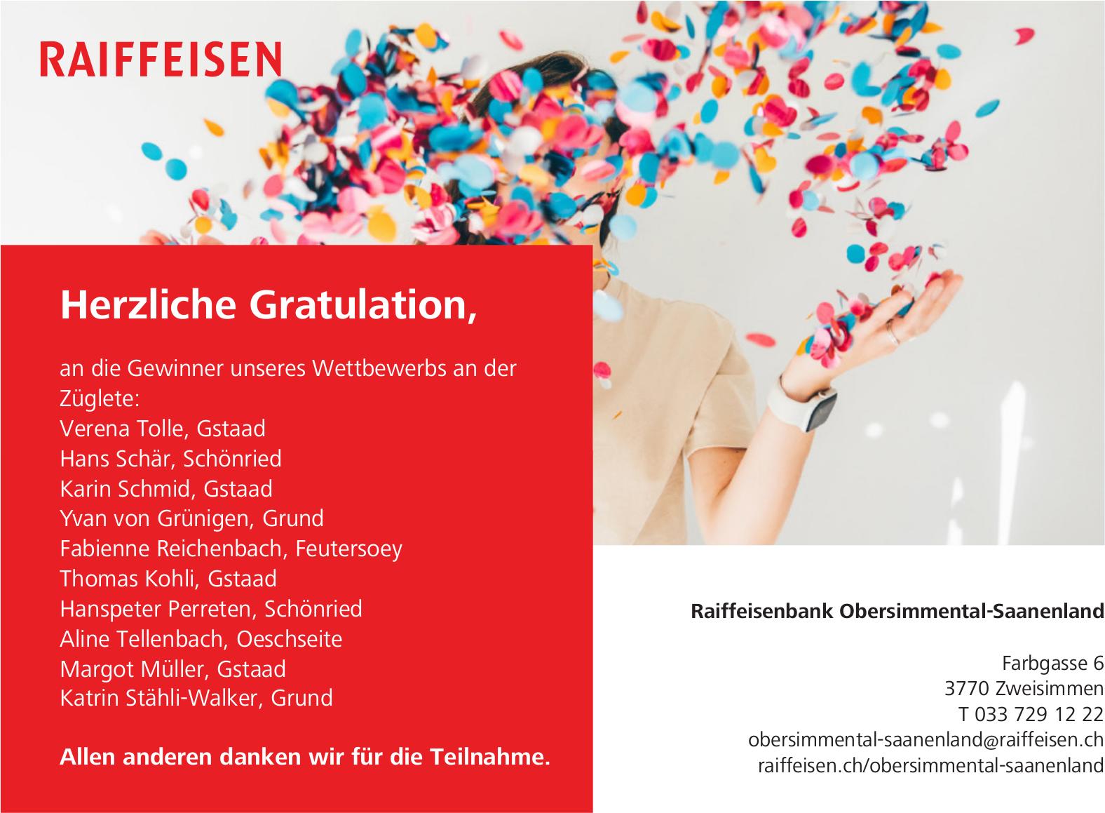 Raiffeisenbank Obersimmental-Saanenland, Zweisimmen - Herzliche Gratulation