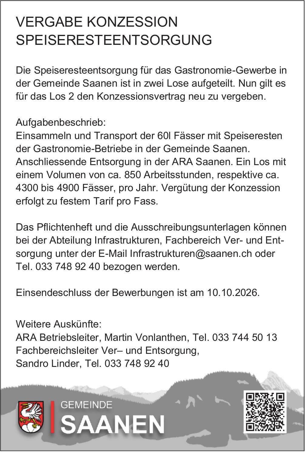 Sonstiges, GEMEINDE SAANEN, VERGABE KONZESSION SPEISERESTENTSORGUNG