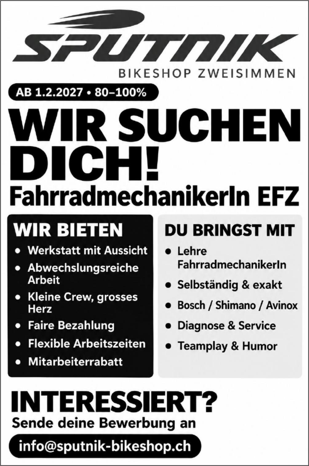 FahrradmechanikerIn EFZ, Sputnik Bikeshop Zweisimmen, Gesucht
