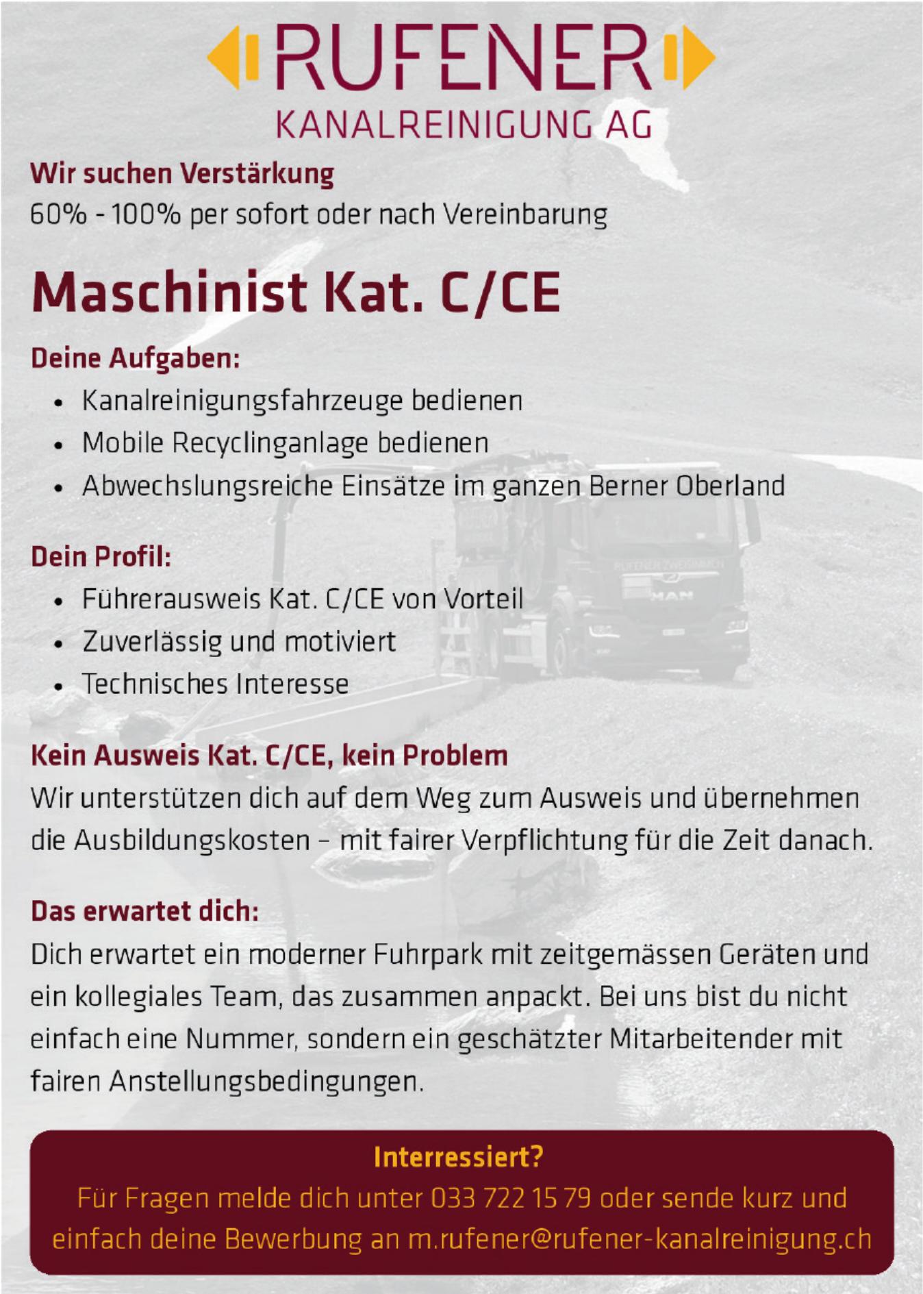 Maschinist Kat. C/CE, RUFENER Kanalreinigung AG, Gesucht