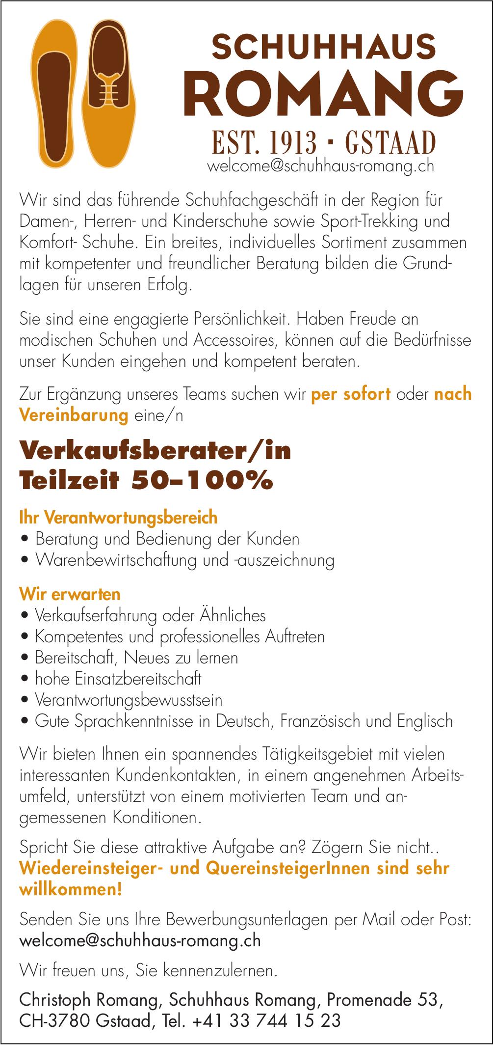 Verkaufsberater/in Teilzeit 50–100%, Schuhhaus Romang, Gstaad, gesucht