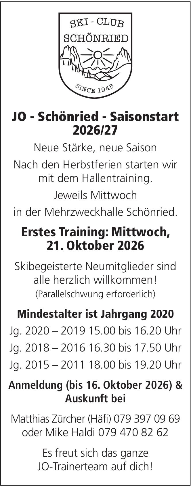 JO - Schönried - Saisonstart 2026/27 | Erstes Training, 21. Oktober, Mehrzweckhalle Schönried