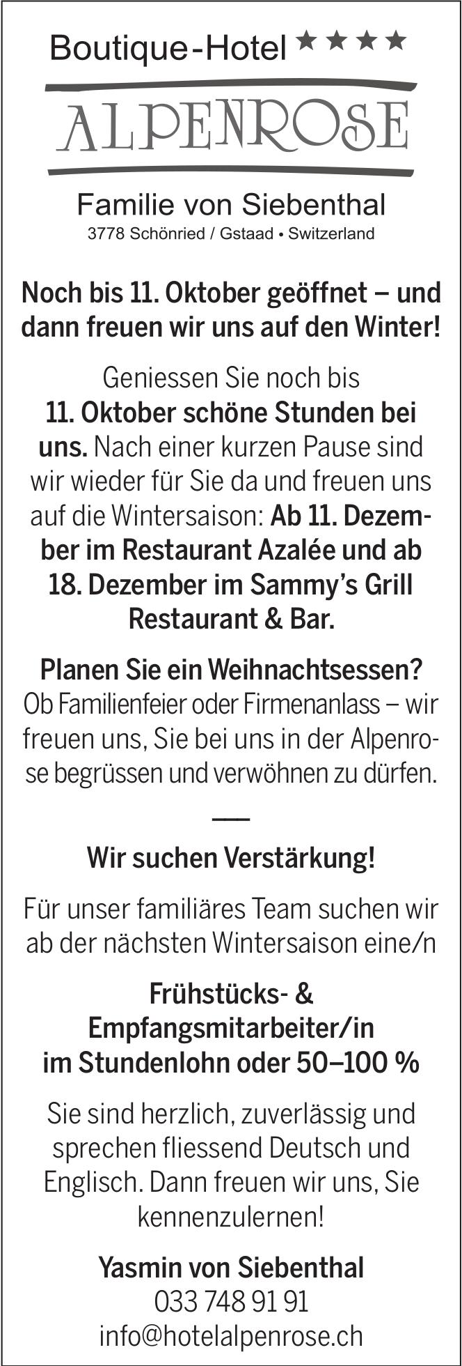 Frühstücks- & Empfangsmitarbeiter/in im Stundenlohn oder 50–100 %, Boutique-Hotel Alpenrose, Schönried, Gesucht
