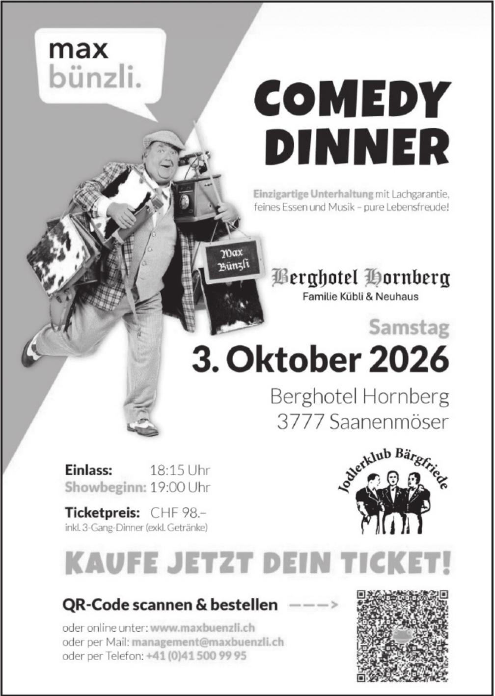 Max Bünzli – Comedy Dinner, 3. Oktober, Berghotel Hornberg, Saanenmöser