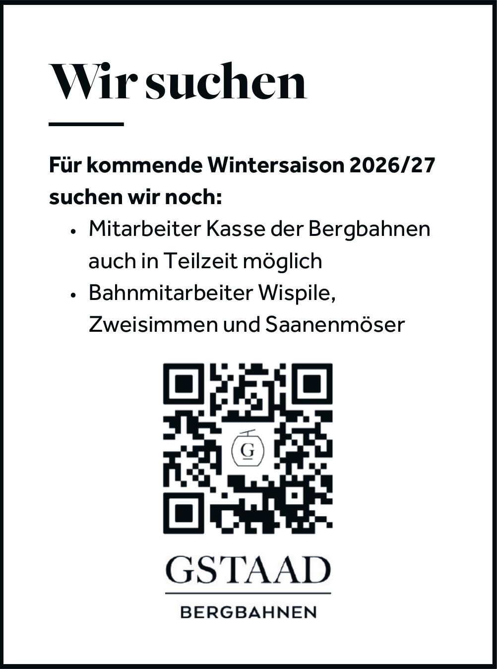 Mitarbeiter Kasse der Bergbahnen, GSTAAD BERGBAHNEN, Gesucht