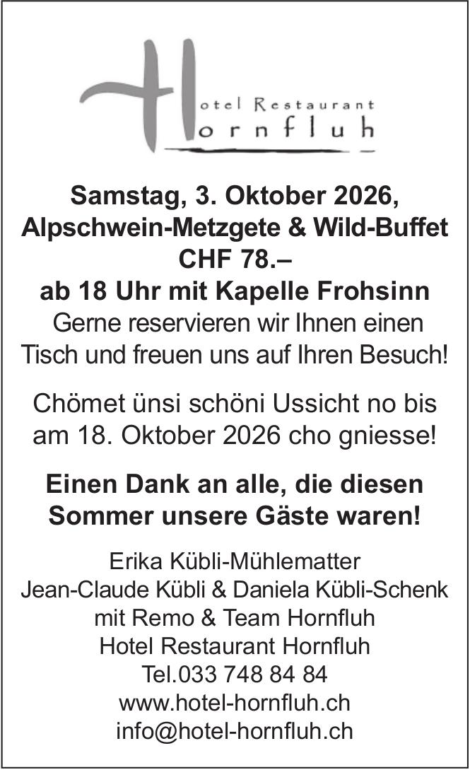 Kapelle Frohsinn – Alpschwein-Metzgete & Wild-Buffet | ab 18 Uhr mit Kapelle Frohsinn, 3. Oktober