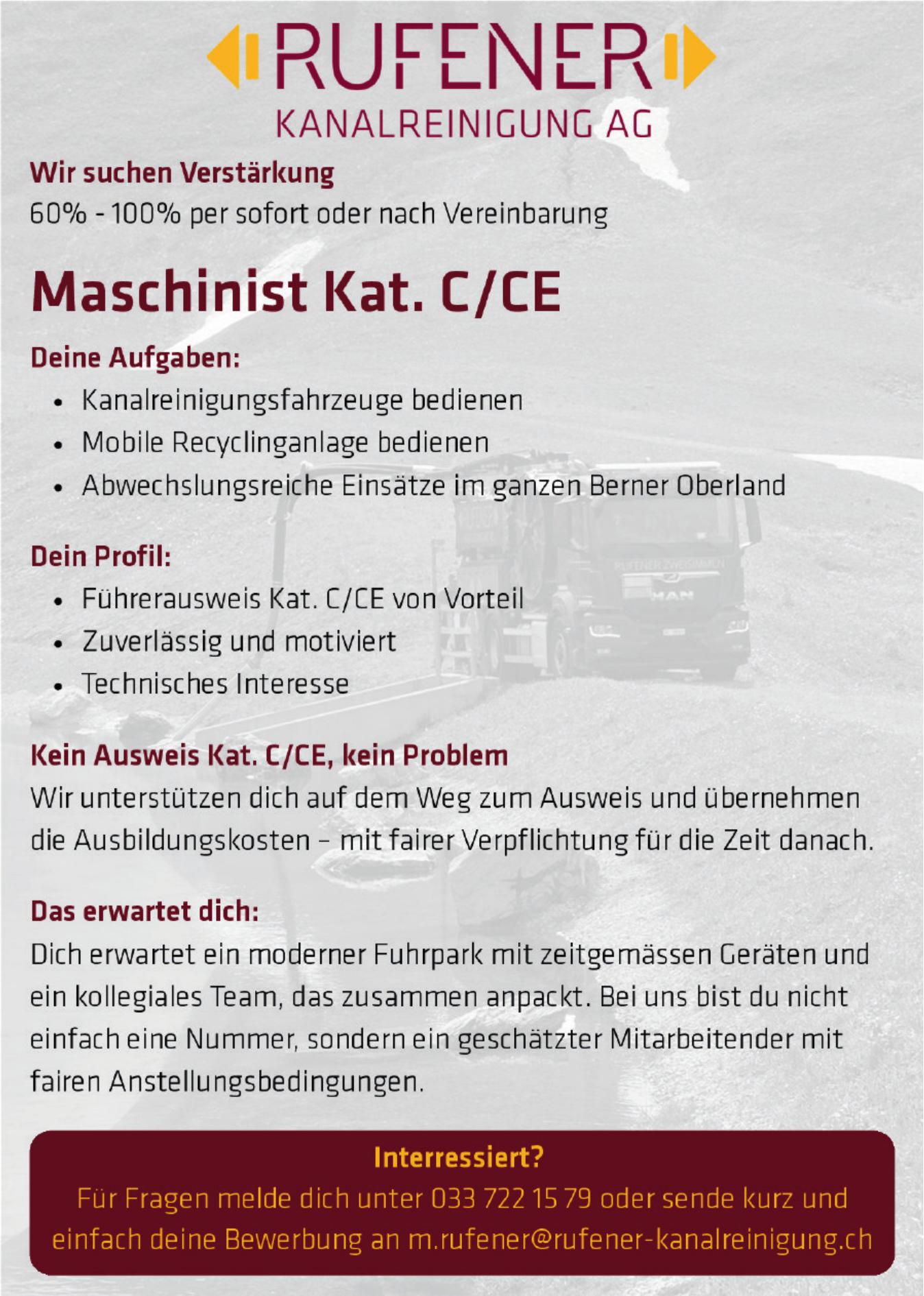 Maschinist Kat. C/CE, RUFENER Kanalreinigung AG, Gesucht