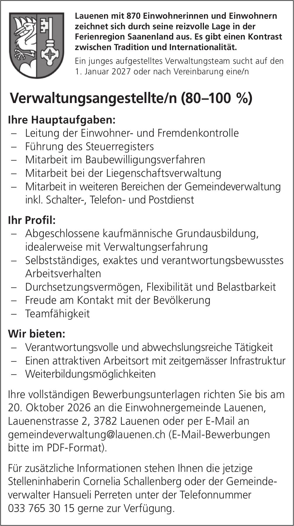 Verwaltungsangestellte/n (80–100 %), Lauenen, gesucht