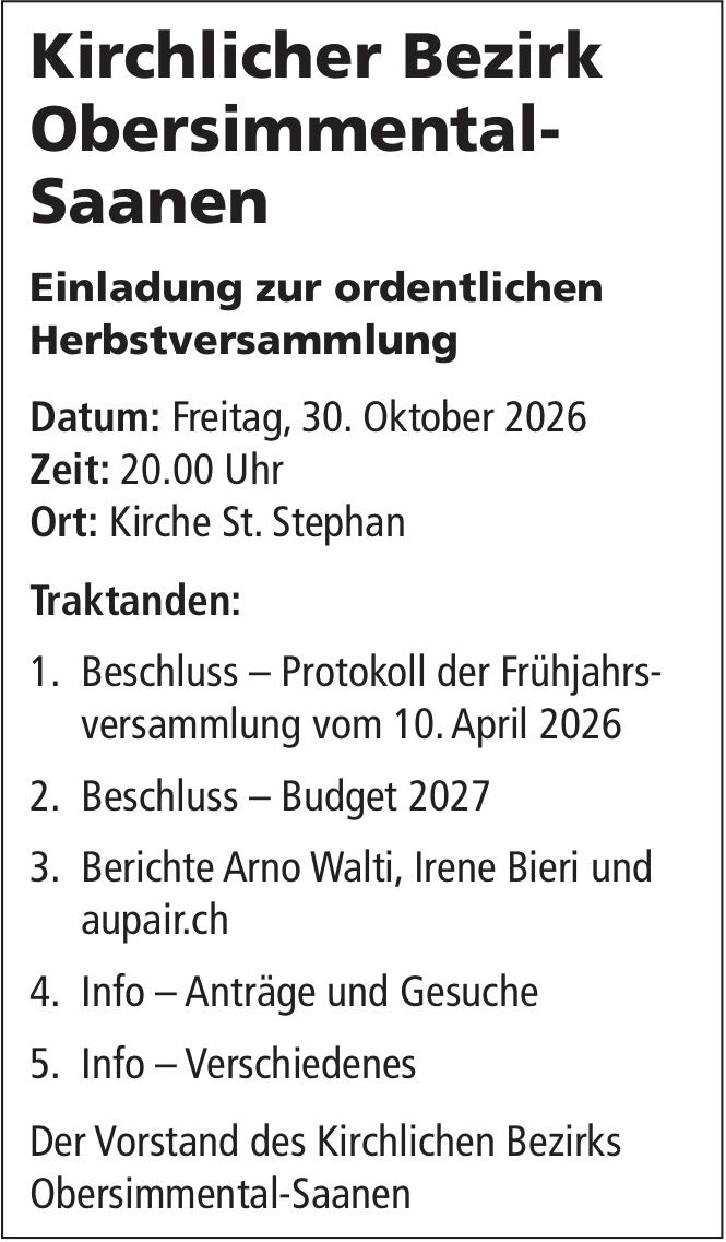 Einladung zur ordentlichen Herbstversammlung, 30. Oktober, Kirche St. Stephan