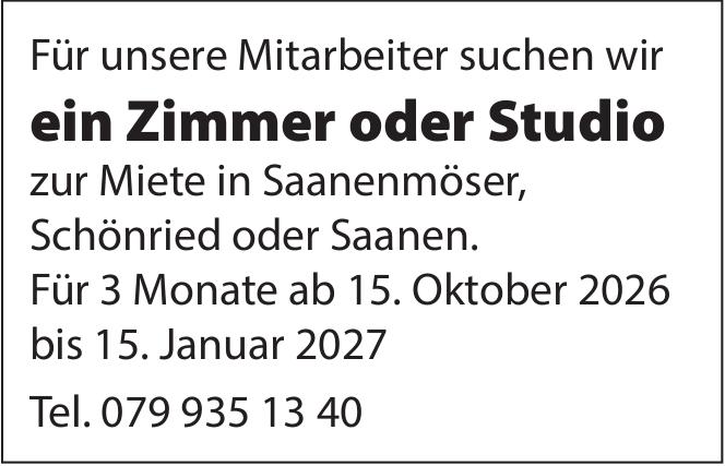 Für unsere Mitarbeiter suchen wir ein Zimmer oder Studio, zu mieten gesucht