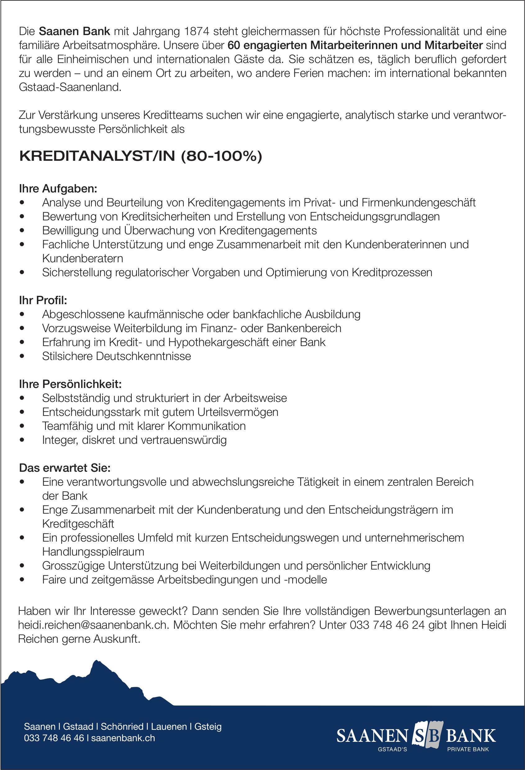 KREDITANALYST/IN (80-100%), Saanen Bank, gesucht
