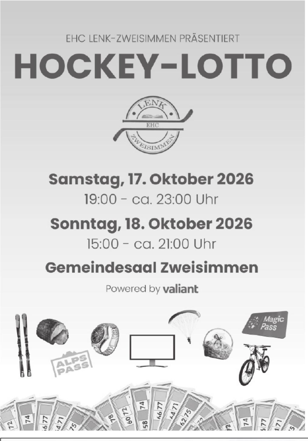 Hockey-Lotto, 17. - 18. Oktober, Gemeindesaal Zweisimmen