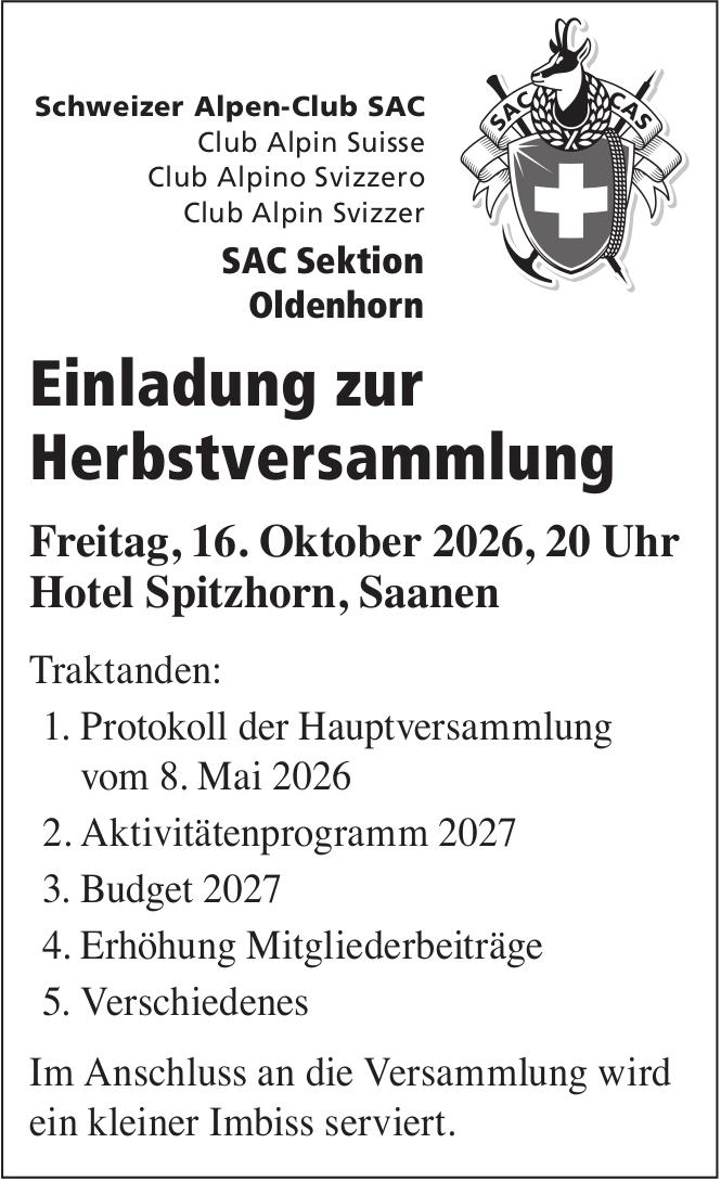 Einladung zur Herbstversammlung, 16. Oktober, Hotel Spitzhorn