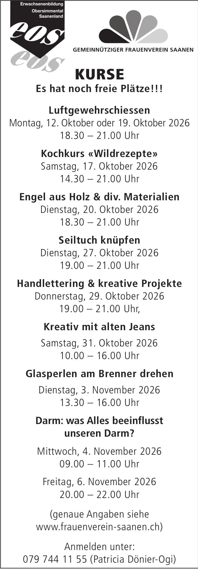 KURSE, 12. Oktober - 6. November, Erwachsenenbildung Obersimmental Saanenland