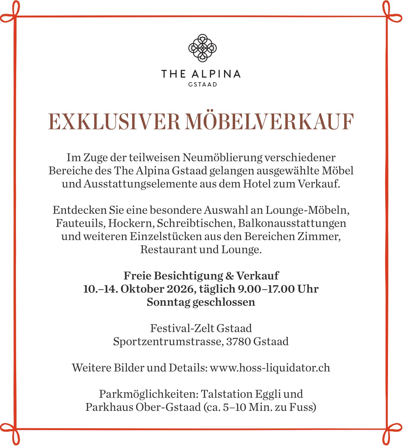 Exklusiver Möbelverkauf, 10. - 14. Oktober, Festival-Zelt Gstaad