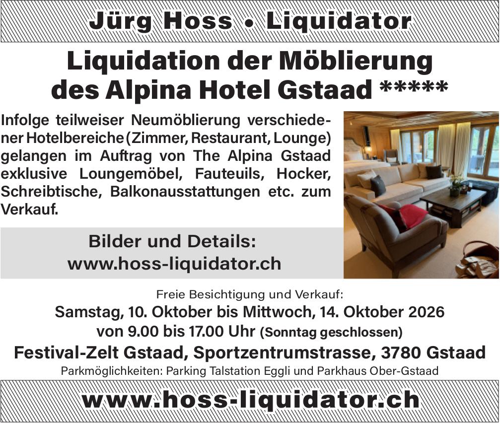 Liquidation der Möblierung des Alpina Hotel Gstaad *****, 10. - 14. Oktober, Festival-Zelt Gstaad